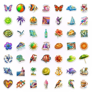 Detailed flat lay of 49 Mediterranean summer themed waterproof stickers for DIY journals