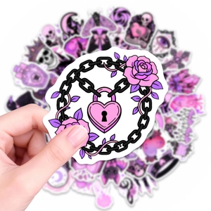 Close-up of waterproof purple gothic stickers featuring pink roses and heart locks