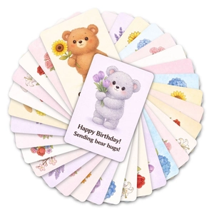 Pack de 36 tarjetas de cumpleaños creativas con lindos ositos pintados en acuarela a mano