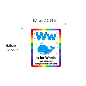 Alphabet flashcard detail showing letter W and whale illustration with size dimensions