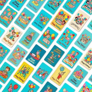 36-pack creative children's birthday cards with colorful vintage cartoon illustrations