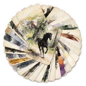 Macro detail of artistic watercolor horse cards with vintage paper texture in fan layout