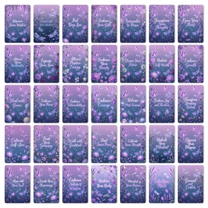 Set of 35 purple dreamlike meditation healing oracle cards with motivational quotes