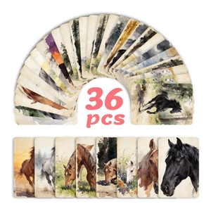 Detail of 36 watercolor horse illustration cards with rounded corners and retro texture