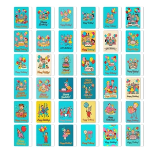 Set of 36 vintage style birthday cards with colorful illustrations and greetings