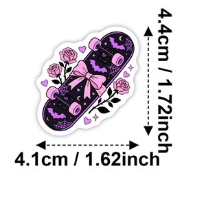 Detail view of purple gothic vinyl sticker showing precise dimensions of 1.72x1.62 inches