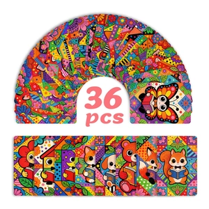 Detailed view of 36 artistic animal bookmarks with colorful pop art floral patterns