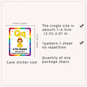 Size guide for alphabet stickers showing letter Q Queen with a rainbow border and 6.5x5.1cm specs