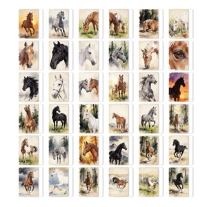 Detailed 6x6 grid of 36 artistic watercolor horse illustration cards for scrapbooking