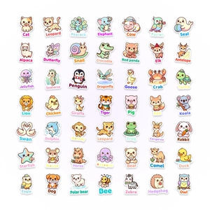 Set di 49 simpatici adesivi di animali con nomi in inglese su sfondo bianco