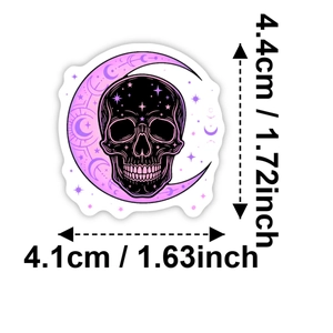 Macro shot of purple gothic skull and crescent moon sticker showing precise 4.4cm height dimensions