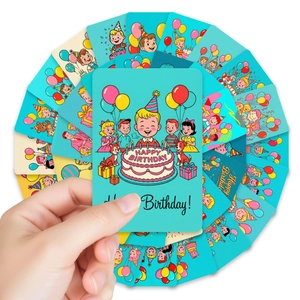 Close-up of vintage cartoon birthday cards with rounded corners and vibrant illustrations