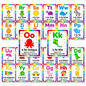 Detailed close-up of educational A-Z alphabet flashcards with colorful cartoon illustrations