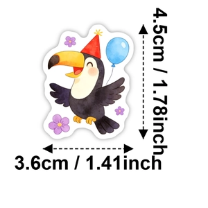 Vue détaillée des dimensions d'un autocollant toucan étanche avec un chapeau de fête