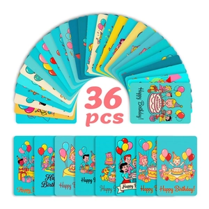 Set of 36 colorful birthday cards with festive illustrations of cakes and balloons