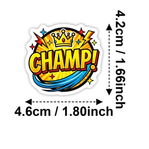 Vue détaillée de l'autocollant foot CHAMP! montrant les dimensions de 4,2 cm et l'impression