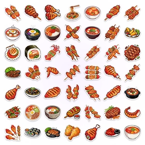 Dettagli macro di adesivi doodle per cibo e barbecue giapponese per laptop e agende