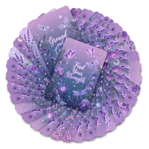 Macro detail of lavender healing meditation cards with floral patterns and gold text