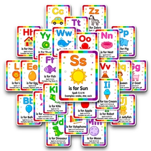 Detail of 26 alphabet flashcards with colorful cartoon illustrations for early learning