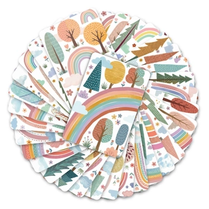 Detailed fan layout of 36 rainbow forest illustration cards for wall decor and journaling
