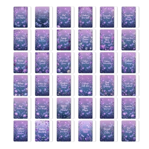 Detailed grid view of 36 unique purple dream-style meditation cards with floral designs