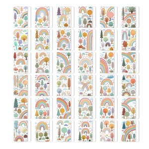 Detailed grid view of 36 rainbow forest illustration cards in soft macaron colors