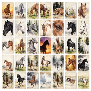 Set of 35 watercolor horse illustration cards featuring artistic nature scenes for decor