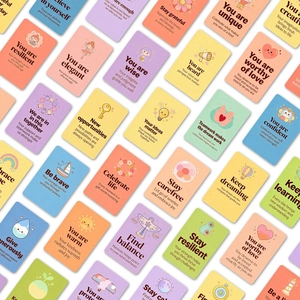 Set of 36 colorful affirmation cards with positive phrases and cute cartoon illustrations