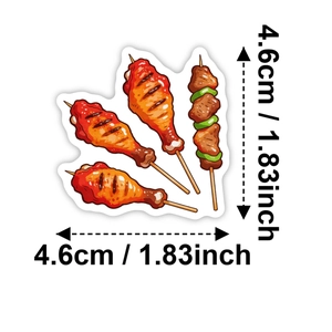 Dettaglio degli adesivi BBQ giapponesi da 4,6 cm con spiedini alla griglia e ali di pollo