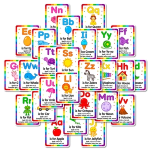 Macro view of alphabet flashcards with rounded corners and colorful educational icons