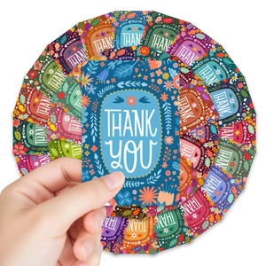36-piece bohemian floral thank you card set with colorful vintage patterns on white background