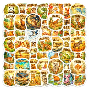 Autocollants Imperméables Thème Animaux Illustration Peinte à la Main Noms Animaux Anglais Stickers pour Enfants Scrapbook Laptop