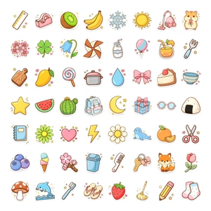 Collection de 50 autocollants de dessin animé imperméables avec fruits et animaux en couleurs pastel