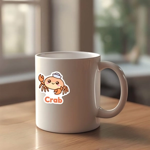 Primo piano di una tazza in ceramica bianca con granchio carino e scritta Crab stampata