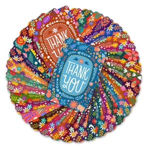 Macro detail of bohemian thank you cards with vibrant floral patterns and wavy edges