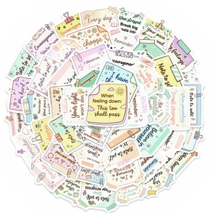 A variety of cream-colored motivational stickers with floral and stationery hand-drawn icons