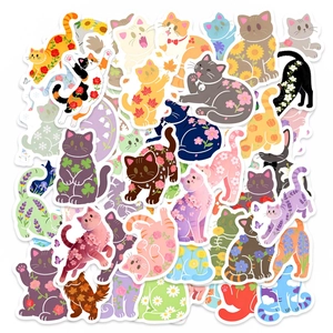 Set of 50 cute cartoon cat stickers with floral patterns for journals and DIY decoration