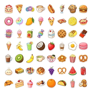 Set of 50 Kawaii food stickers with cute expressions for laptops and luggage decoration