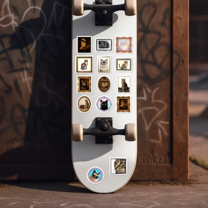 Vintage cat art stickers on a white skateboard with an artistic street background