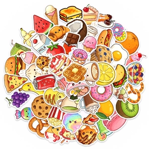 Detailed pile of 50 waterproof cute food stickers including burgers and donuts