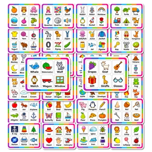 Detailed view of colorful alphabet flashcards featuring animals, fruits and vehicles