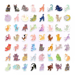 Detailed grid layout of 50 waterproof cartoon cat stickers with floral elements for journaling