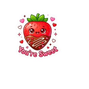 Süßer Cartoon Erdbeer Sticker mit Schokolade und Herzakzenten für Valentinstag Dekoration