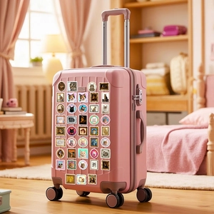 Pink hardshell suitcase decorated with various artistic cat stickers in a cozy room