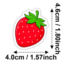 Detail showing cartoon strawberry sticker dimensions 4.6cm by 4.0cm for kids craft