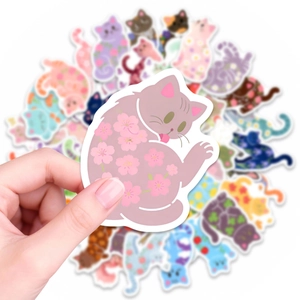 50 cute waterproof cartoon cat stickers for journals featuring colorful floral cat designs