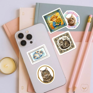 Cute vintage cat stickers applied on a phone back and notebook with soft macaron colors