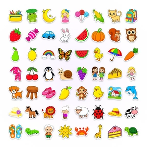 Close-up of vibrant cartoon animal and object stickers with white borders for kids