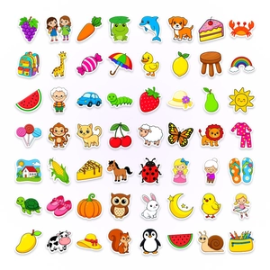 Detailed grid of 56 cute cartoon animal and fruit stickers for kids reward and decoration