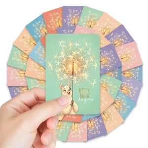 Set de 36 lindas tarjetas de cumpleaños de alpaca con fuegos artificiales en colores pastel